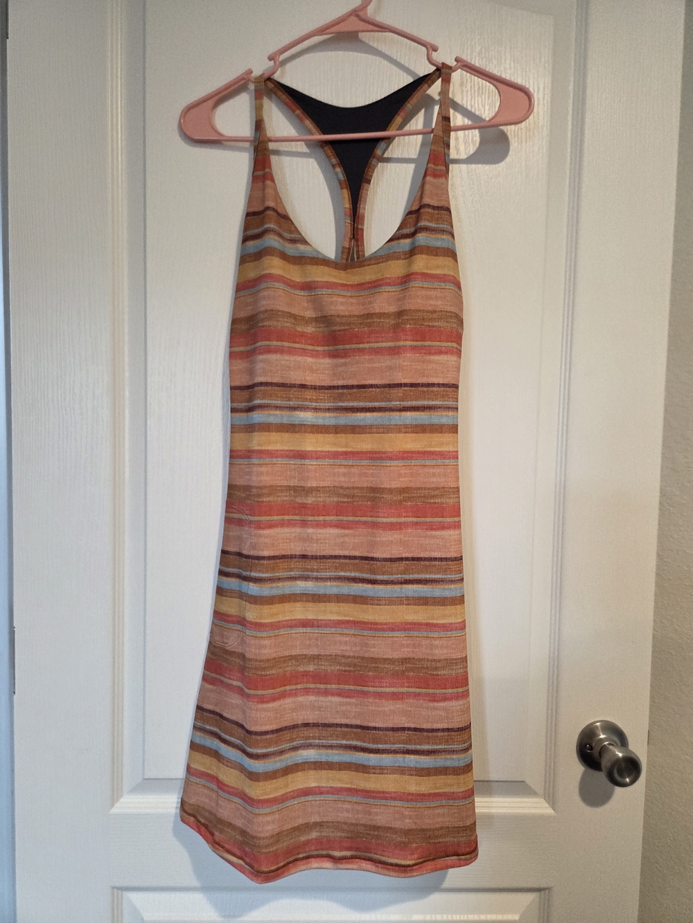Prana Striped Racerback Mini Dress in Coral, Tan, Blue and Brown